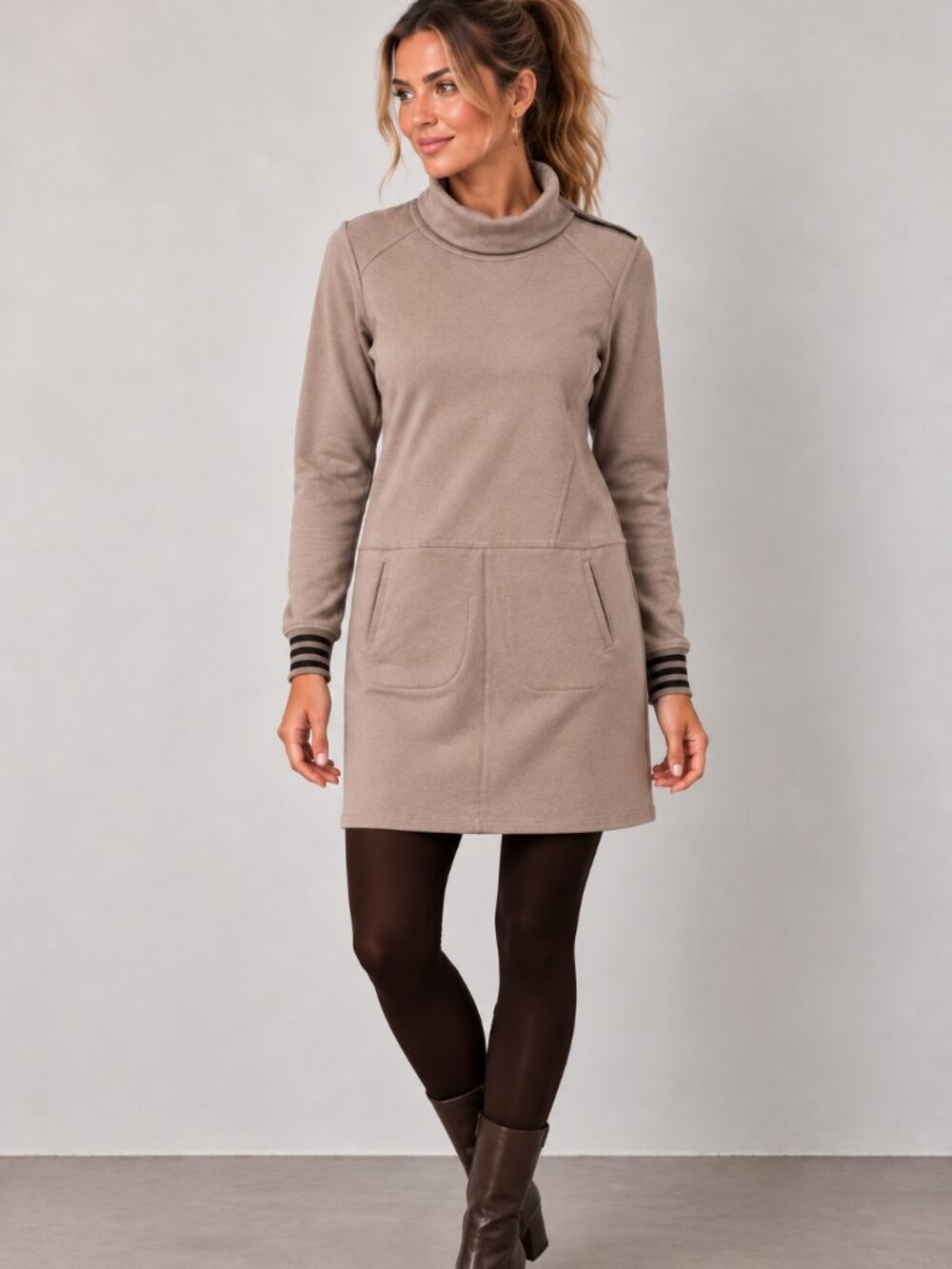 Lolë cowl neck sweatshirt dress in a soft heathered taupe shade